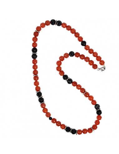 Carved Agate Beaded Matinee Necklace 925 Sterling Silver Handmade Jewelry français