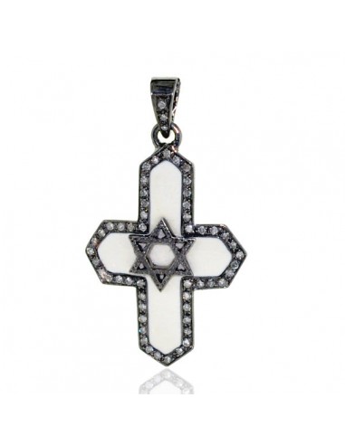 Pave Diamond Religious Cross Star of David Pendant 925 Silver Enamel Jewelry brillant des détails fins