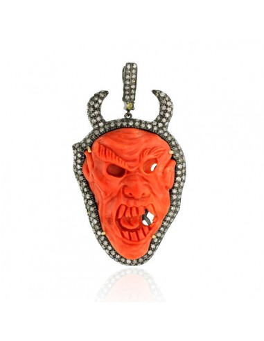 Pave Diamond Carved Coral Skull Pendant 18k Gold Silver Jewelry Halloween Sale Profitez des Offres !