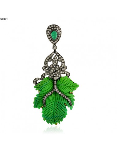 18k Gold Emerald/Turquoise/Diamond High Fashion Feather Pendant Jewelry de France