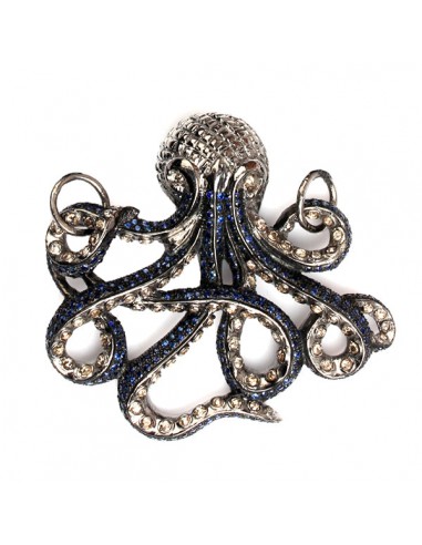 Pave Diamond & Blue Sapphire Octopus Pendant 925 Silver Jewelry Pour