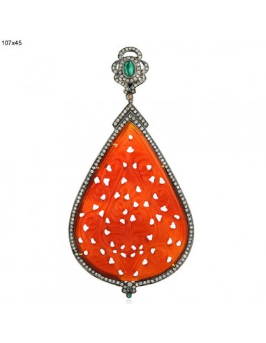 18k Gold Carved Agate Emerald Diamond Pendant 925 Sterling Silver Jewelry Les magasins à Paris et en Île-de-France